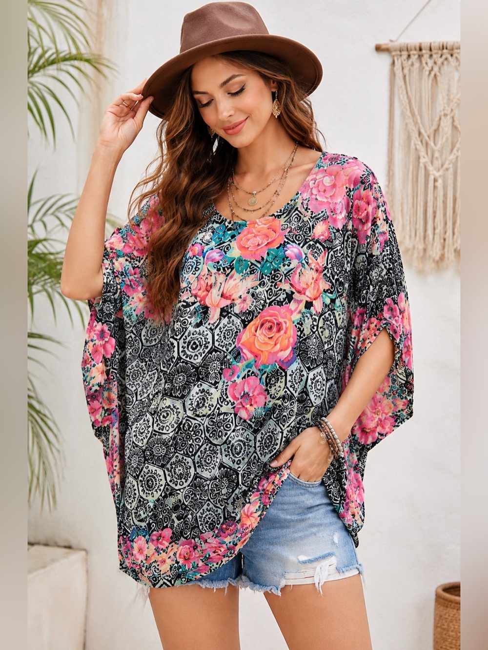 Tolani Boho Floral Tunic Top L Black Pink Modal Batwing Dolman Resort